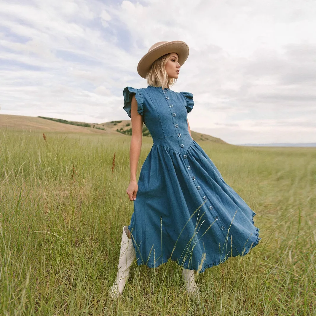 Frauen Imitation Denim Rüschen Hülse Midi Kleid Button Up Lmitation Denim Urlaub A-Line Strand Lange Urlaub Kleid Vestidos
