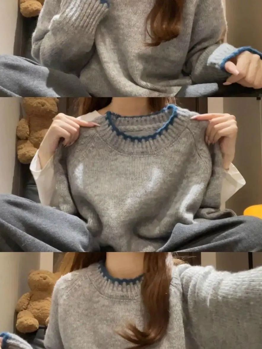 

ey Soft Knitted Sweater Women's Loose Fit Long Sve round Ne Top Lazy Sle Autumn Winter High End Feel Small Size Frie...