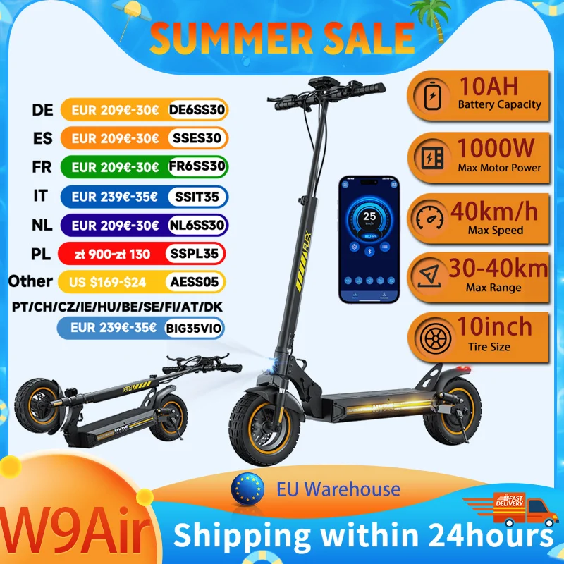 Trottinette électrique iScooter W9Air 1000W de puissance maximale, pneus tout-terrain de 10 pouces, autonomie de 40 km, batterie 10Ah, vitesse de 40 km/h, pour adultes