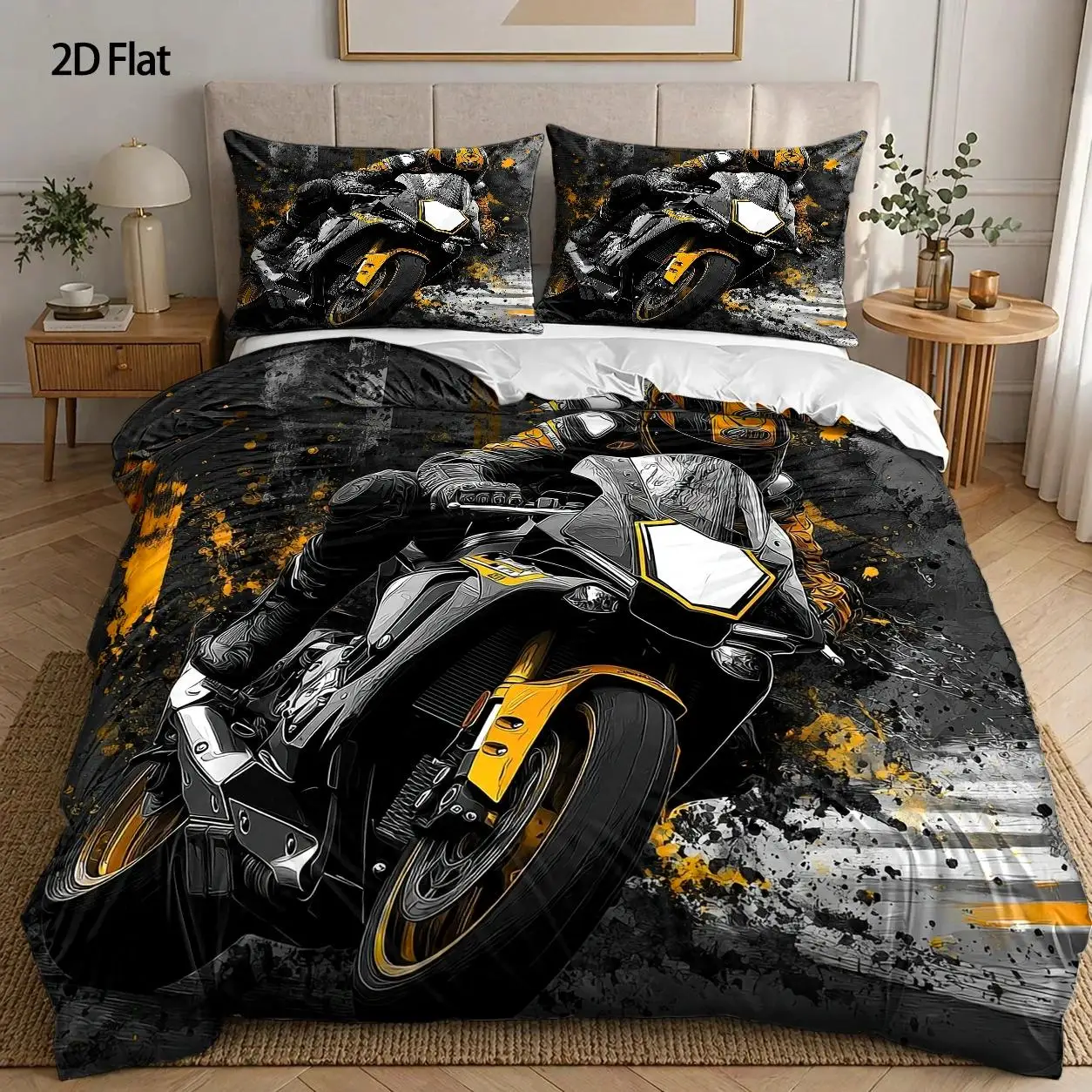 3-Piece Quilt Cover Set, 1 Quilt Cover + 2 Pillowcases (Without Filling), Motorcycle Racing, Abstract Art Style, Speed Festival, Sporty Attributes, Three-Piece Quilt Cover Set, Bedding Set, Suitable for All Seasons, Machine Washable, Invisible Zipper, Home, Dormitory