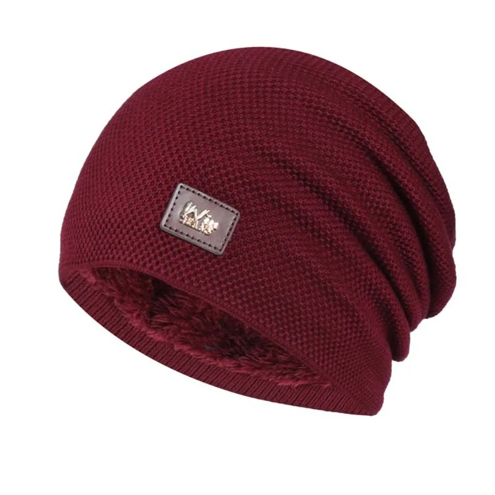 New Warm Fleece Lined Casual Knitted Hat Label Decor Pullover Winter Beanie Knitted Material Solid Warm Fleece Hat Winter Season