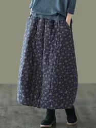 High Waist Thick Warm Casual Skirt Women New 2023 Autumn Winter Vintage Style Floral Print Loose Female A-line Long Skirts B3100