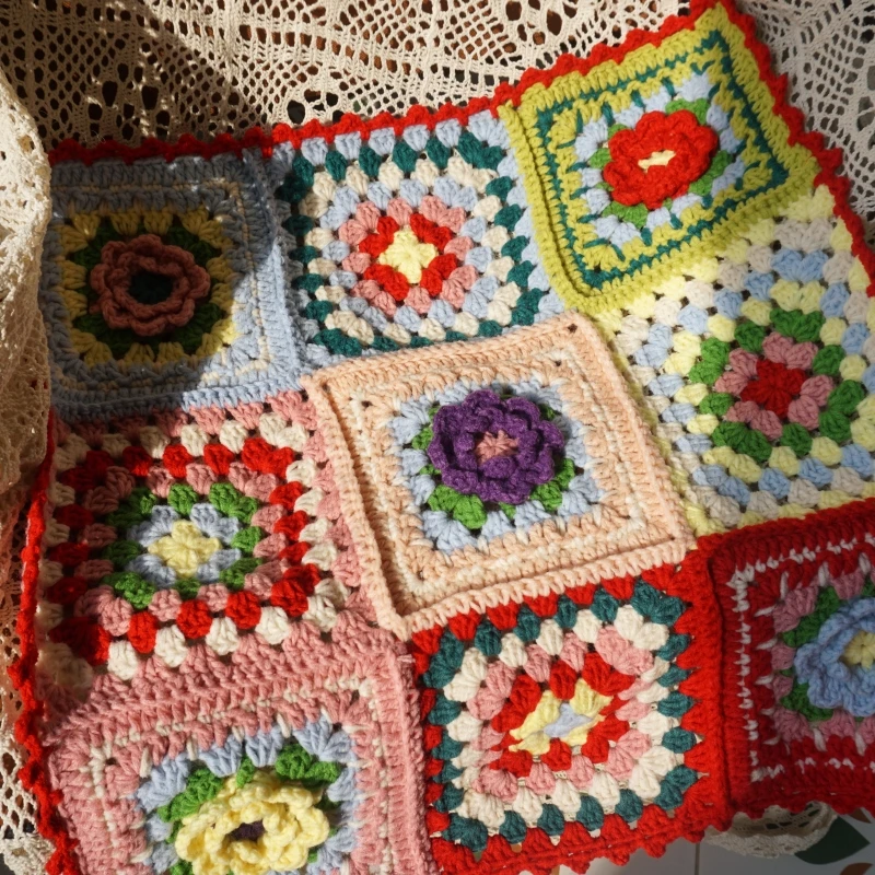 Handmade Granny Square crochet blanket Hand hooked colourful crochet sofa blanket cushion felt pastoral style home&living gift