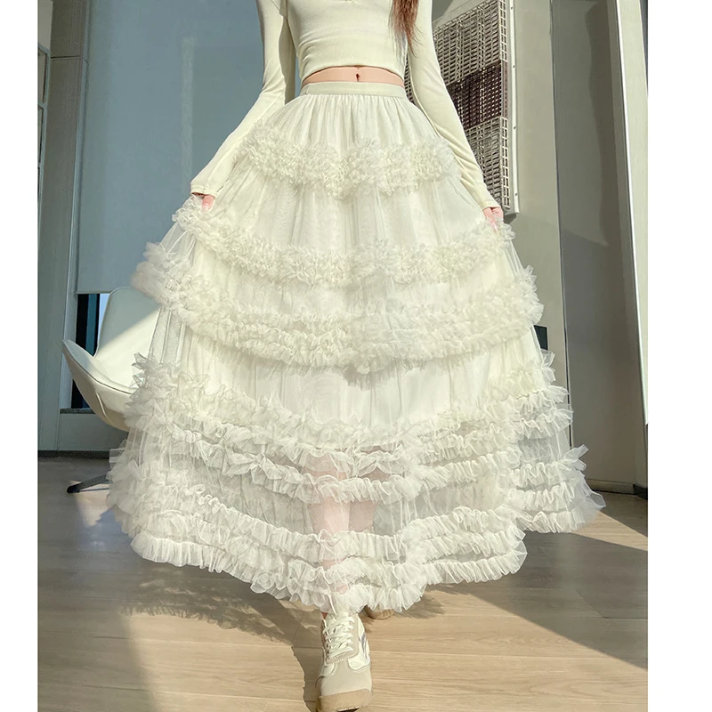 

Soft Mesh Long Skirt Beige Elasitc Waist Luxury Tulle Maxi Skirt Women High Waist Flowy Elegant Party Wedding Guest Casual Skirt