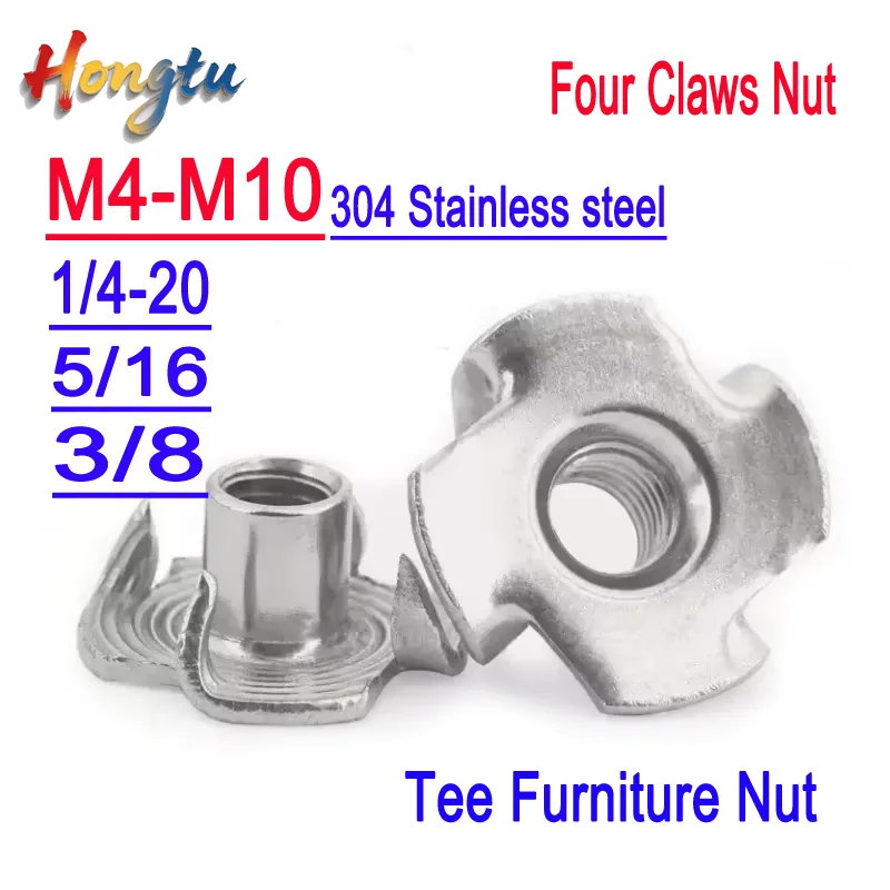 

M4 M5 M6 M8 M10 1/4-20 5/16 3/8 304 Stainless Steel Four Claws Nut Speaker Nut T-nut Blind Pronged Tee Furniture Nut