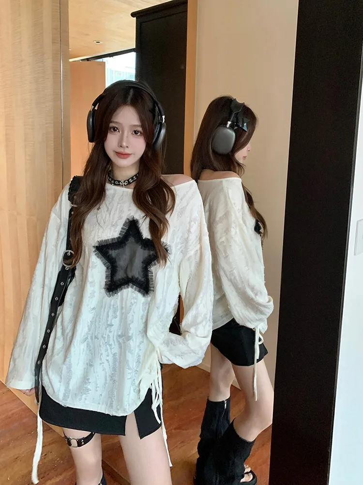 Y2k hoodies feminino gola inclinada sexy fora do ombro estrela de cinco pontas impresso casual manga longa outono nicho high street vintage