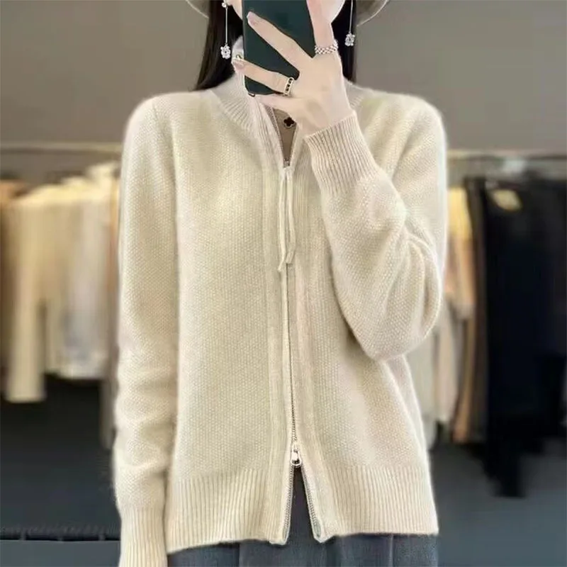 

Autumn And Winter New Temperament Double Zipper Wool Knit Cardigan Women's Solid Color Long-Sleeved Sweater Thickened Loose Top