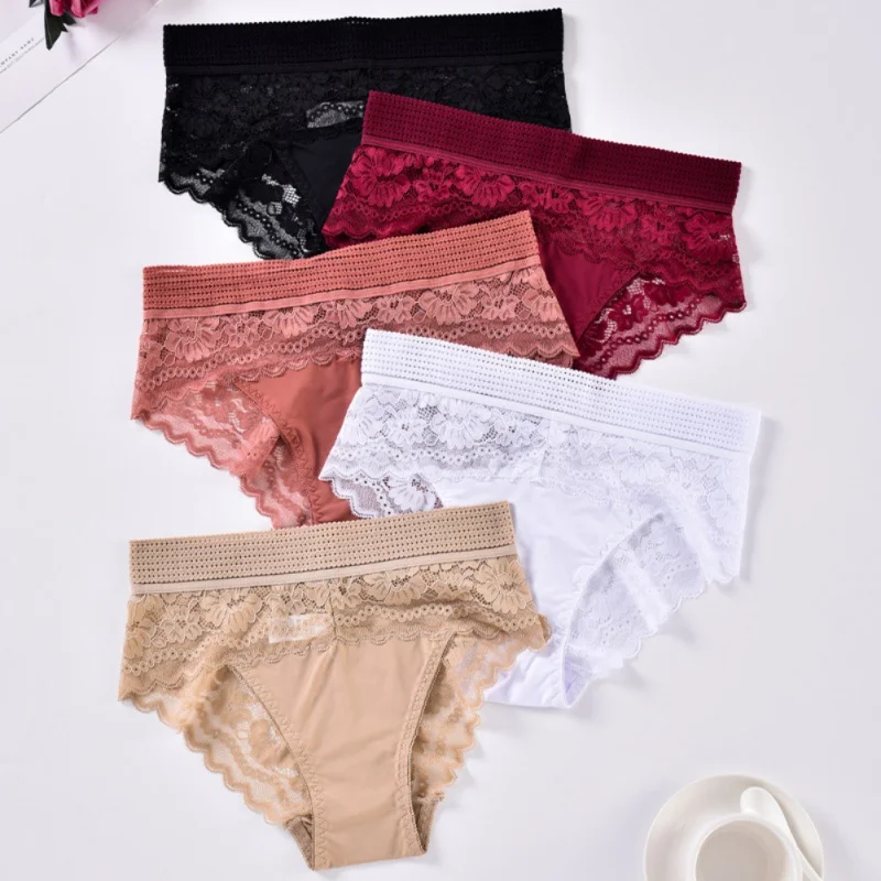 Women's High Waisted Underwear Widened Waistband Lace Lingerie Splicing Seamless Briefs Sexy Semi Transparent Panties