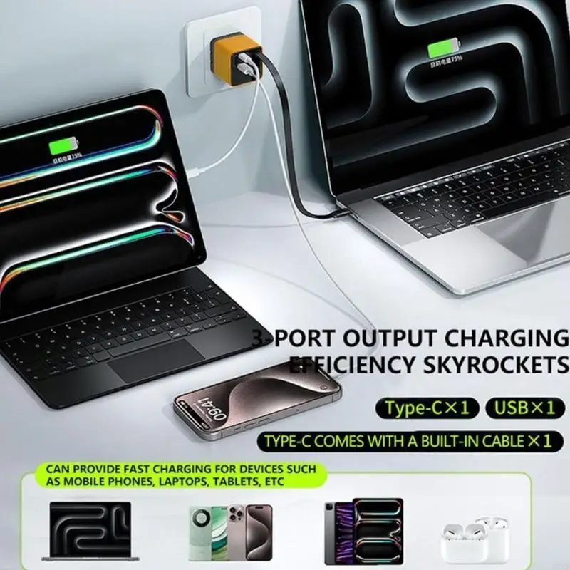 80W Retractable USB C Cable 3 Devices Simultaneous Fast