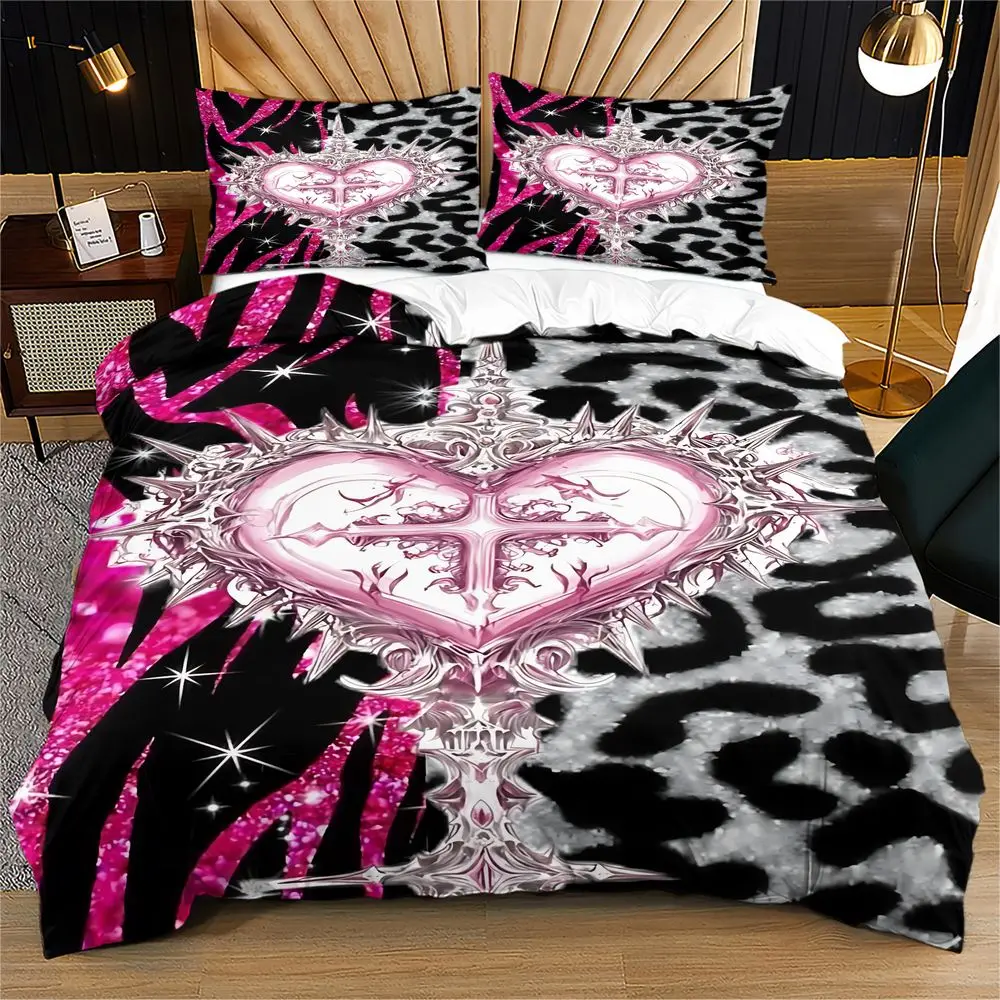 Gothic Heart Cross Duvet Cover Set Pink Leopard Print Bedding Set Digital Printed Soft Microfiber Quilt Cover Bedroom