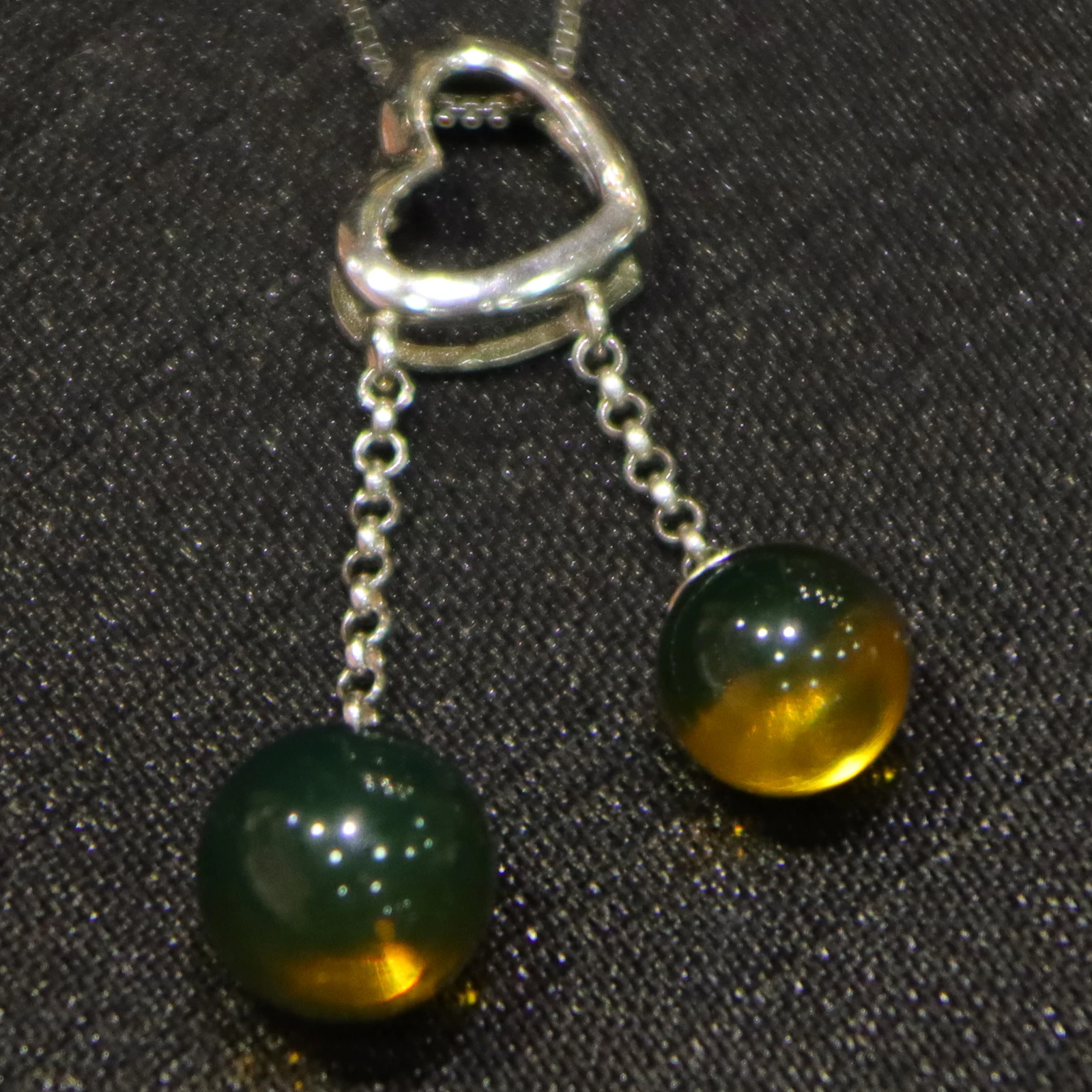 Pure Silver Natural Mexican Blue Amber Heart Pendant with Two Blue Amber Beads 7mm and 9mm