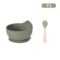 Baby Silicone Bowl, Wooden Handle, Spoon Tableware Set, Feeding