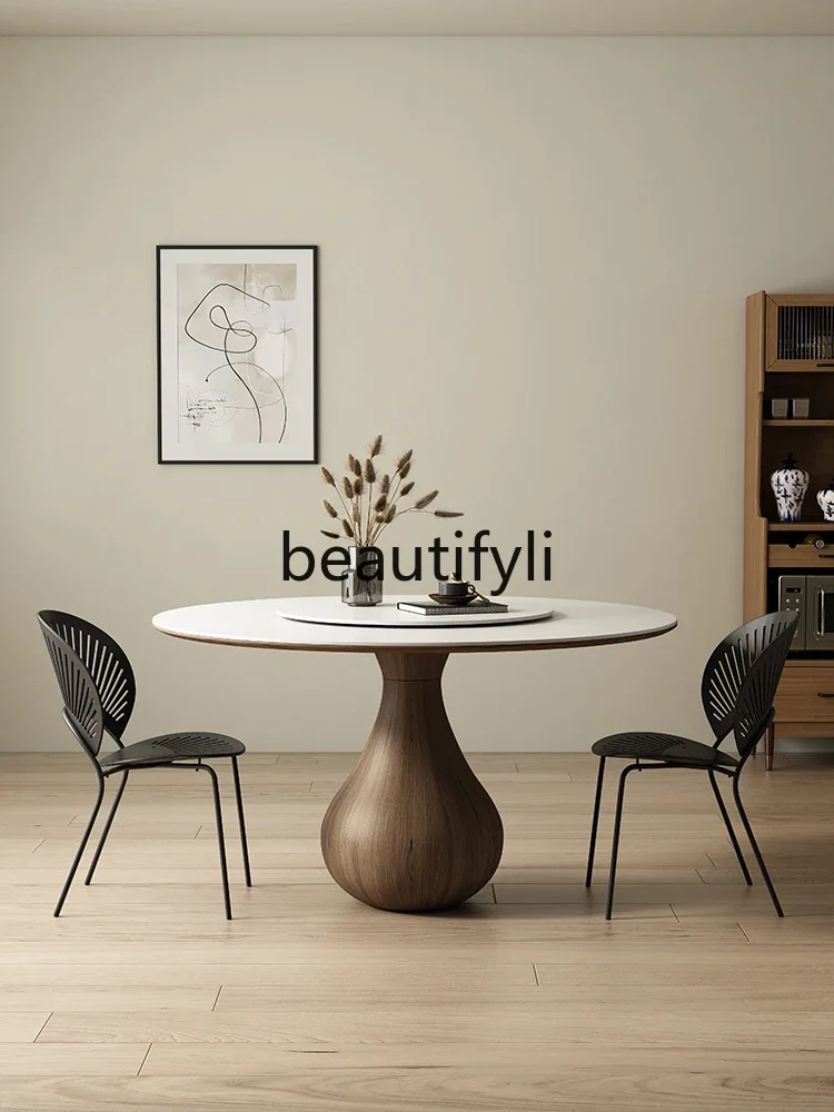 Deli Feng pure white black walnut solid wood round dining table household retro simple rock slab round dining table