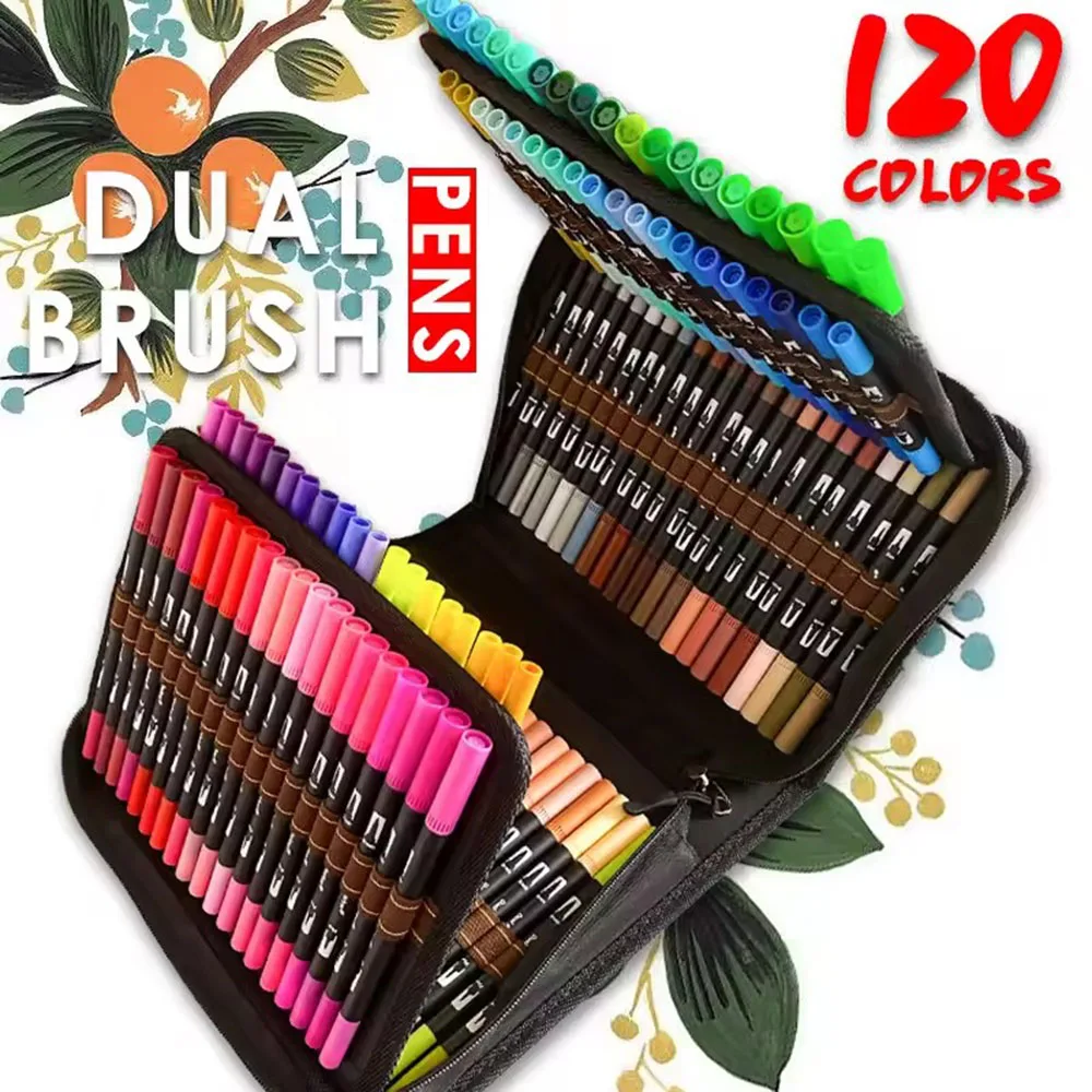 120 Farben Farbstifte und Marker, Doppelspitzen-Marker-Set: Wasserbasierte Fein- und Pinselstifte für Erwachsenen-Malbücher, Zeichnen, Skizzieren, Bullet Journal, Schreiben, Lettering und