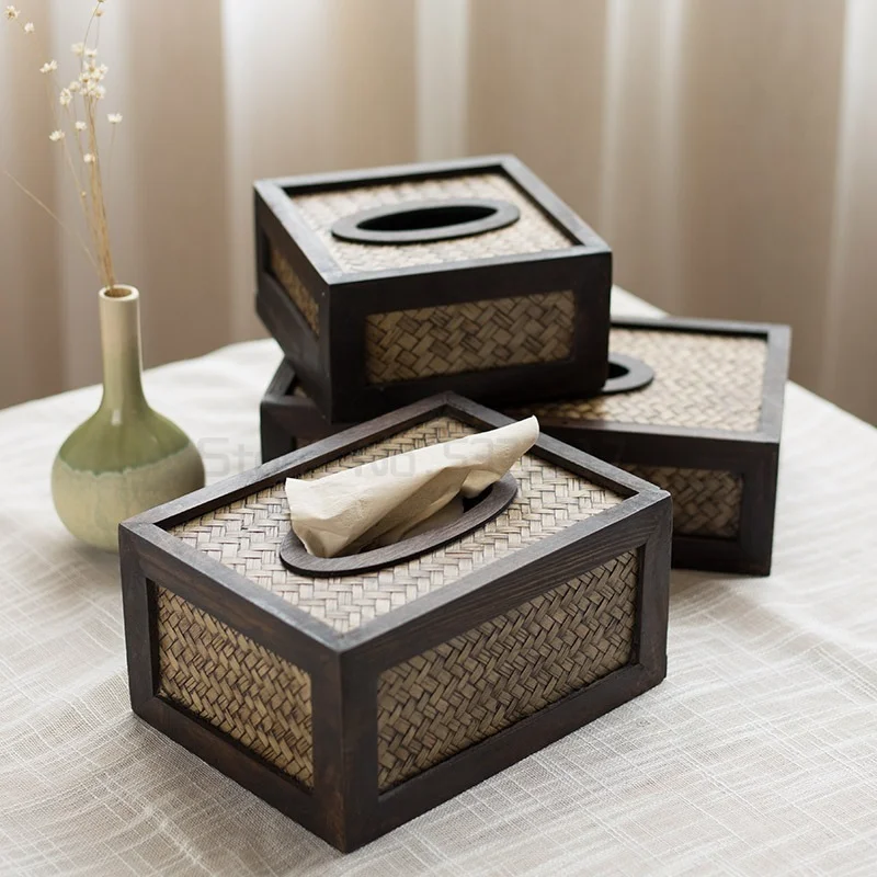 

Creative Solid Wood Living Room Tissue Box Bamboo Braided Tray Retro Paper Pumping Boxes Rattan Wooden Napkin Holder