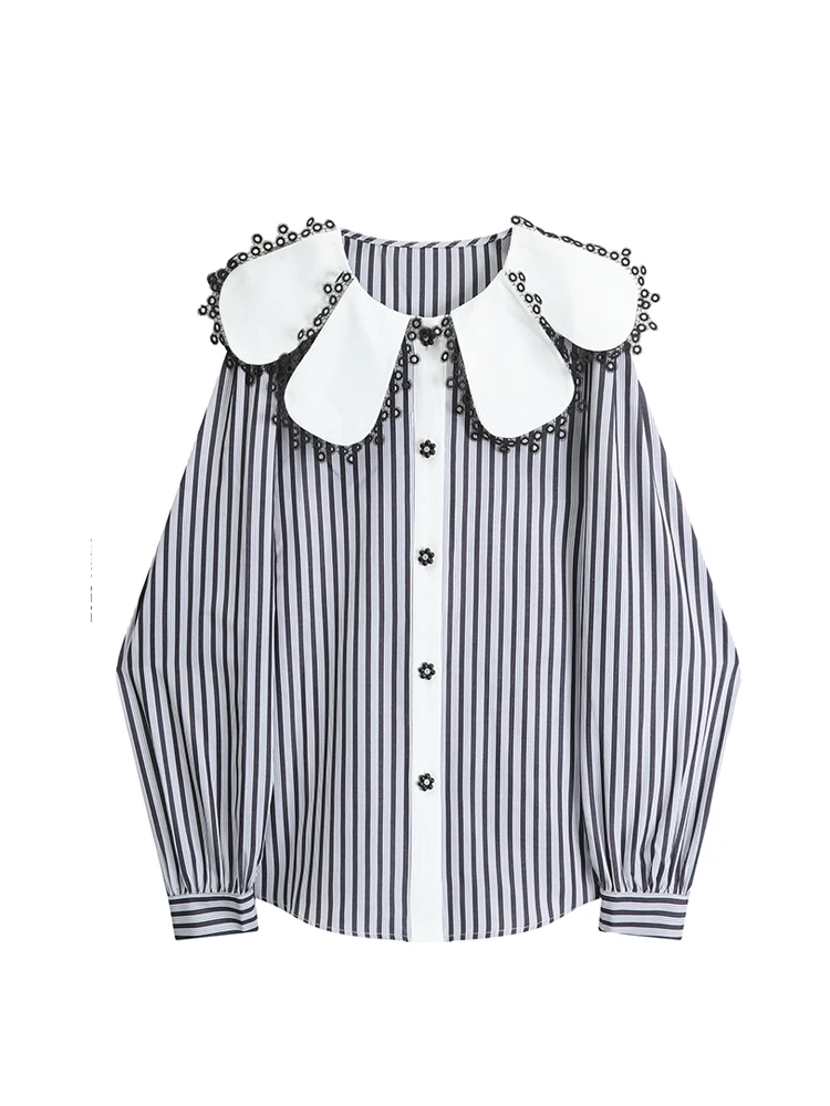 Women\'s Striped Blouse Shirt Tops Korean Vintage Fashion Shirt Y2k Kawaii Peter Pan Collar Long Sleeve Shirt Ladies Autumn 2023