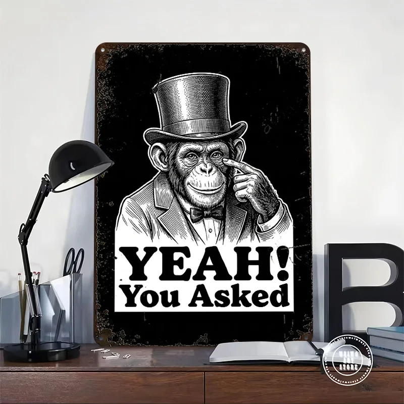 Chimpanzee in Top Hat and Suit Printing Poster Customized Retro Wall Art Vintage Metal Signs for Decoration Living Room Man Cave