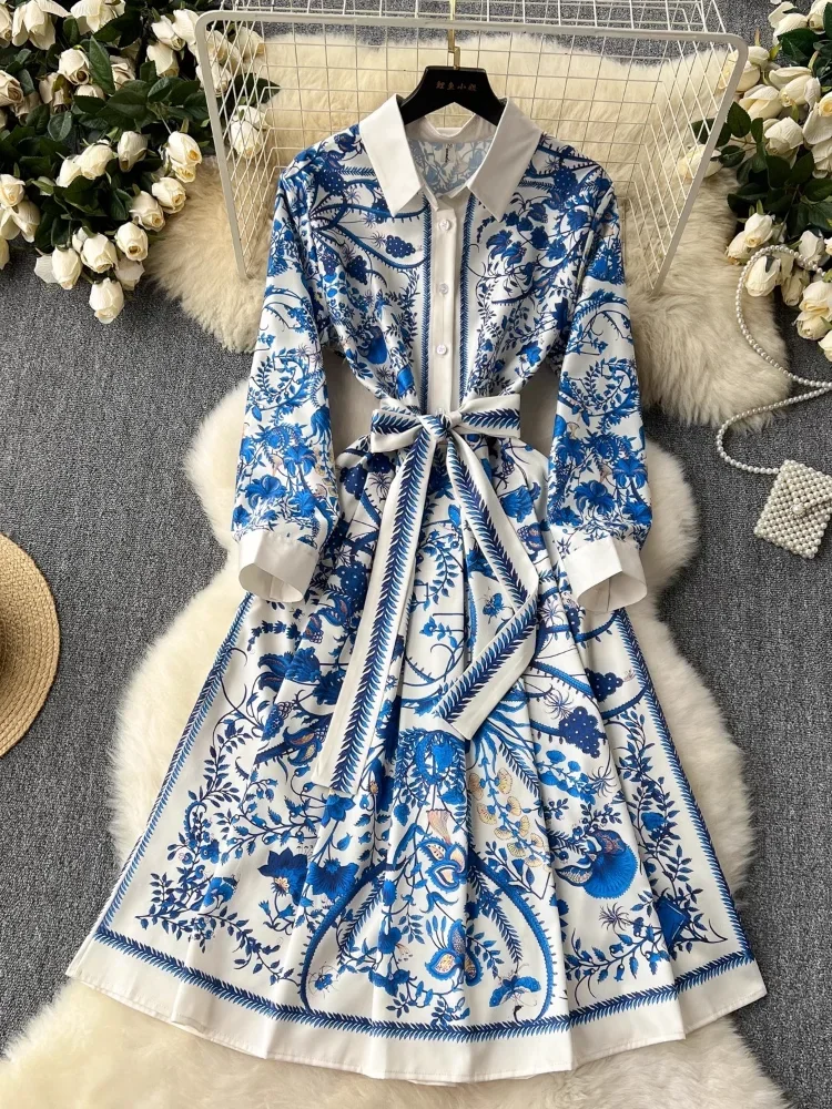 

Spring Autumn Vintage Party Dress Women Elegant Long Sleeve Printed Floral Midi Dresses Ladies Slim A-line Long Robe Vestidos