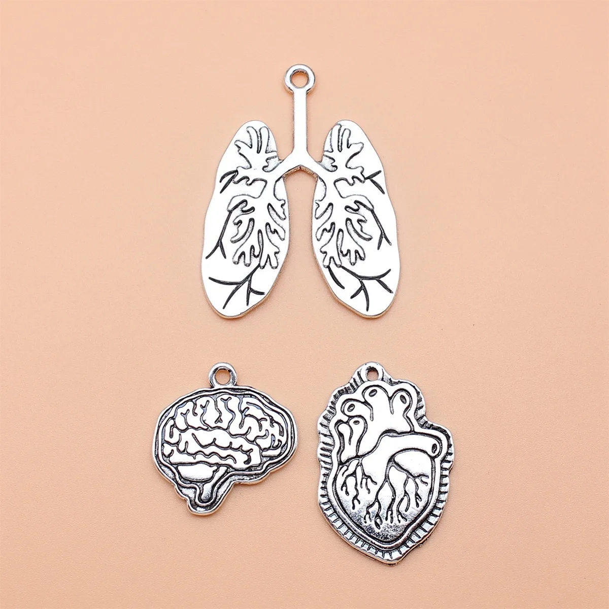 3pcs Antique Silver Color Heart Brain Lungs Charms Collection For DIY Jewelry Making, 3 Styles, 1 of Each