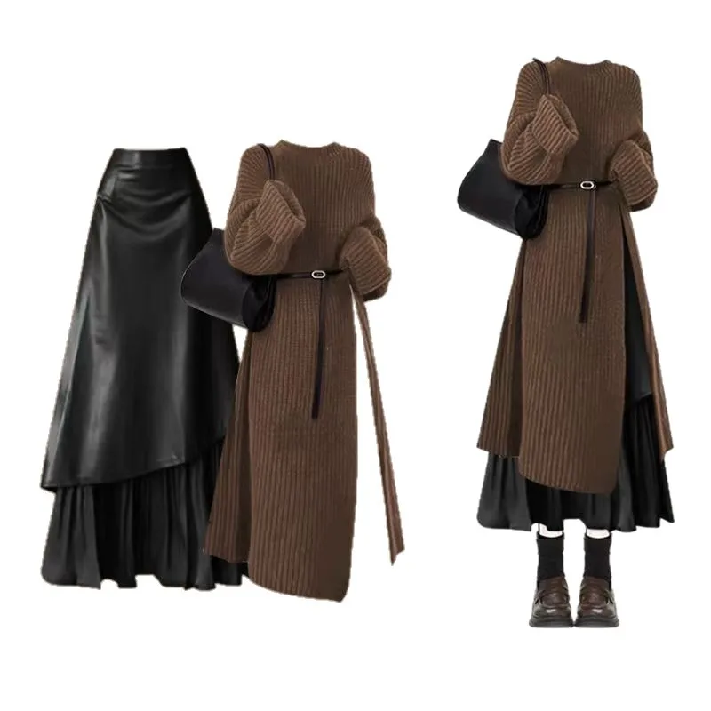 ファッションレディースセット 秋冬 韓国レトロスタイル ミドル丈セーター+スリムフィット＆年齢軽減スカート ツーピースセット