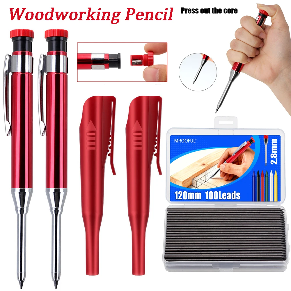 

2.8mm Metal Long Head Woodworking Mechanical Pencil with 100pcs Lead Refills, for Carpenter Marking Engineering Drawing Tool