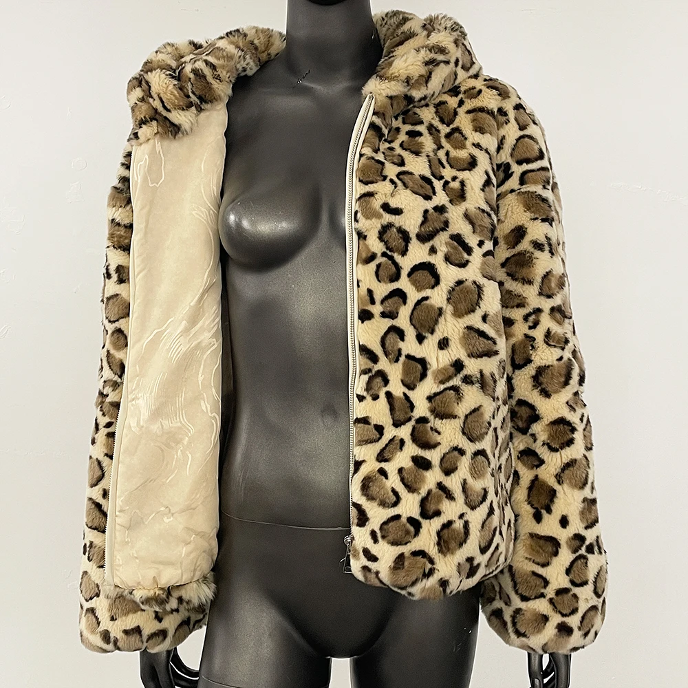 MENINA 2025 New Winter Clothing Women Natural Rabbit Fur Jacket Short Hooded Zipper Real Fur Coat Female Fashion Leopard Clothes