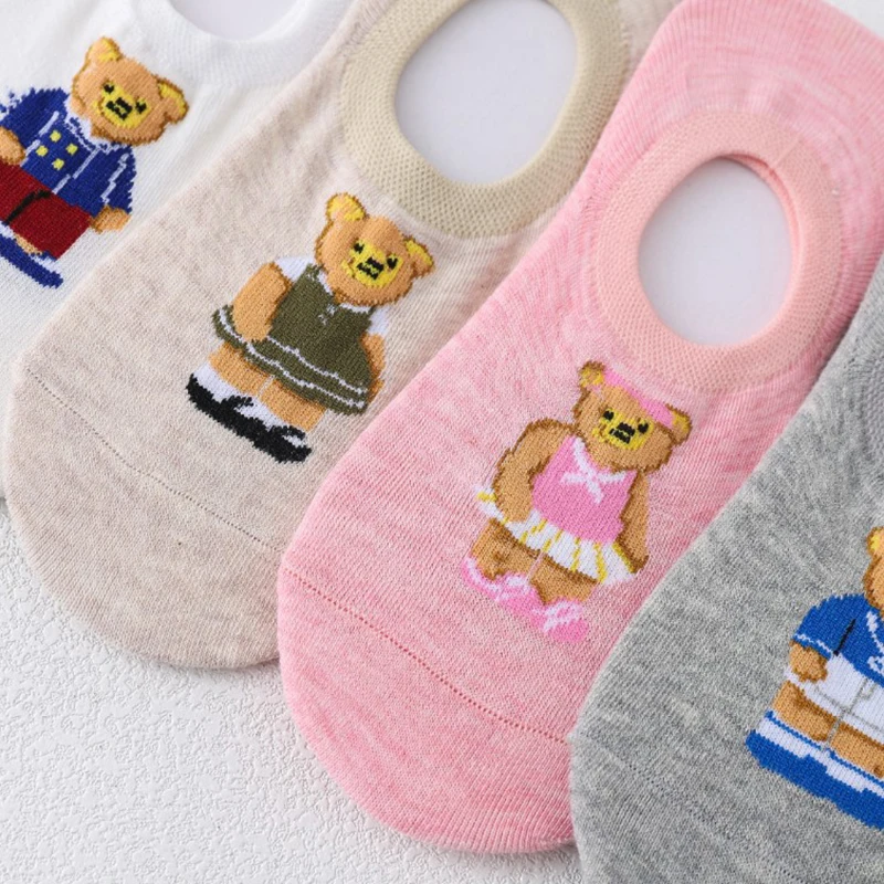 1 Pair Cartoon Cute Bear Short Summer Women Socks Slippers Comfortable Harajuku Breathable Invisible Silica Gel Ankle Sock Woman