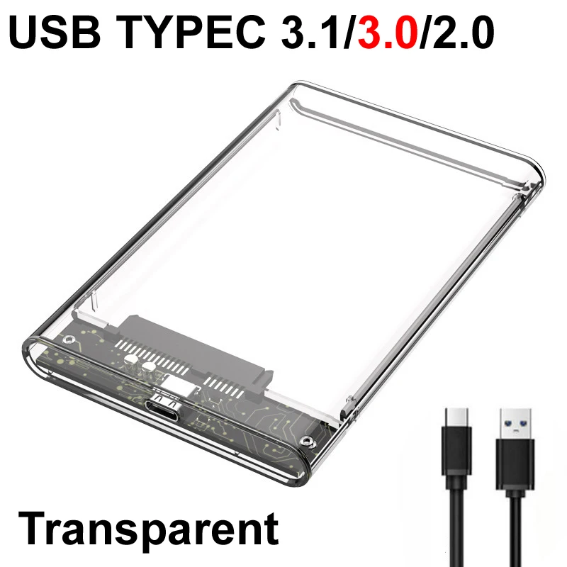 Carcasa de disco duro USB tipo C 3,0/2,0, carcasa de HDD de 2,5 pulgadas, SATA, SSD, compatible con 6TB, transparente, externo, móvil, nuevo