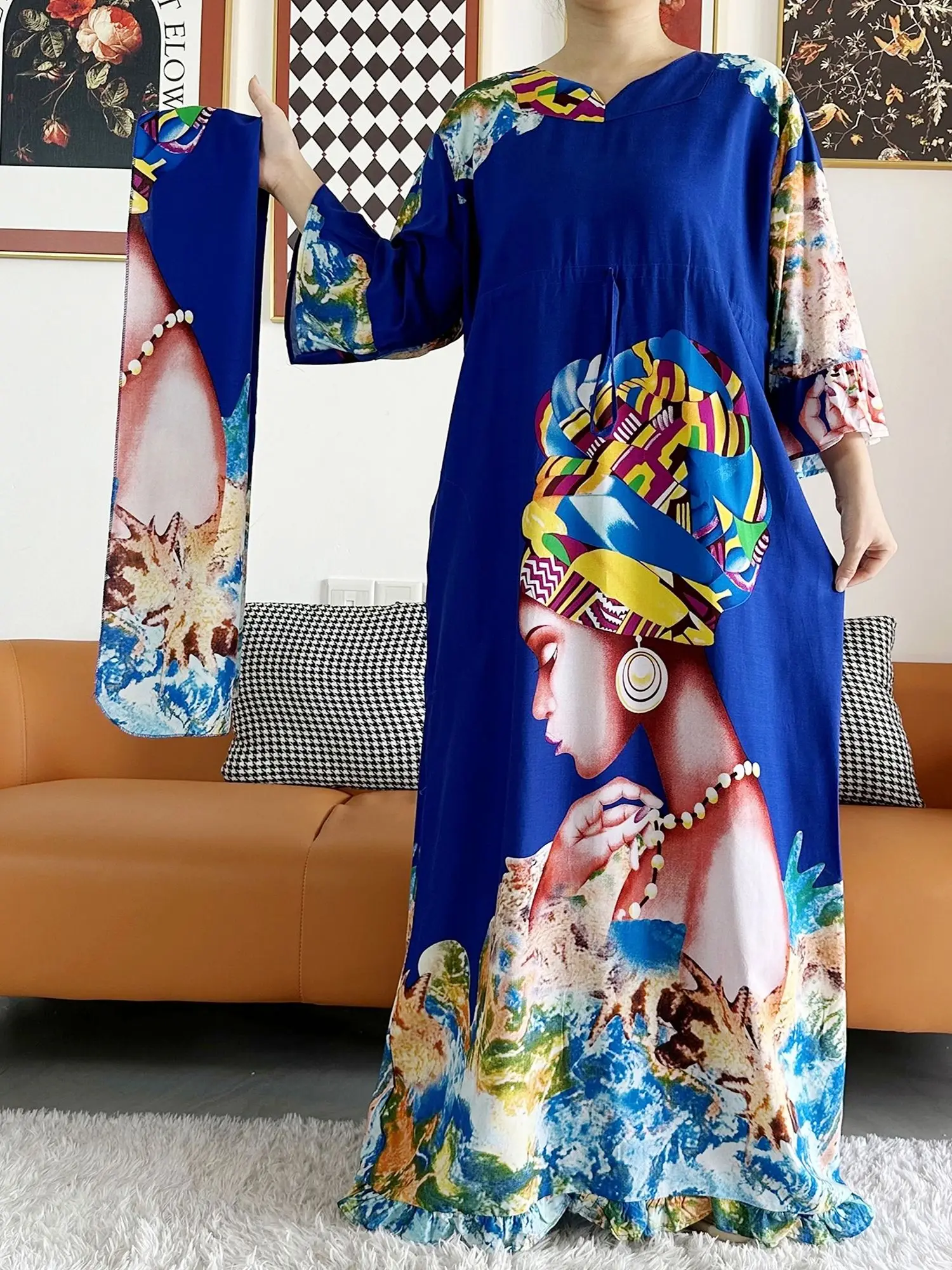 New African Women Long Sleeve Ethnic Print Dashiki Cotton Floral Dress Printing Loose Caftan Dress with Scarf Casual Vestido