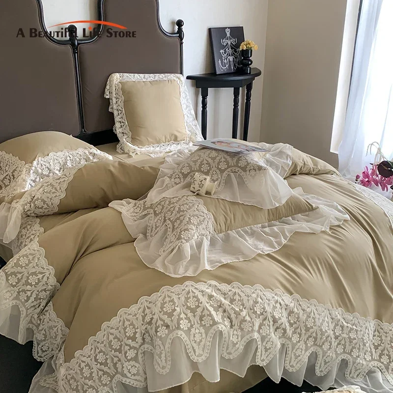 Vintage French Romance Lace Ruffles Bedding Set, 200x230cm, Duvet Cover, Bed Sheet, Pillowcases, Princess Wedding Bed Set 4Pcs