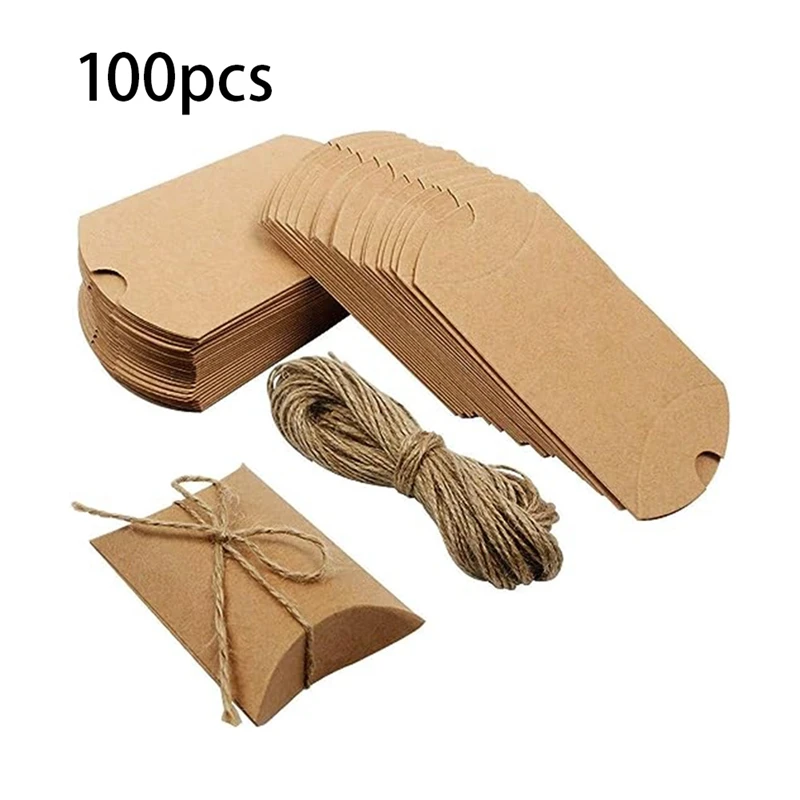 100 Pcs Kraft Paper Pillow Boxes, Candy Boxes With Twine, Christmas And Halloween Wedding Gift Packaging Boxes Easy To Use Brown