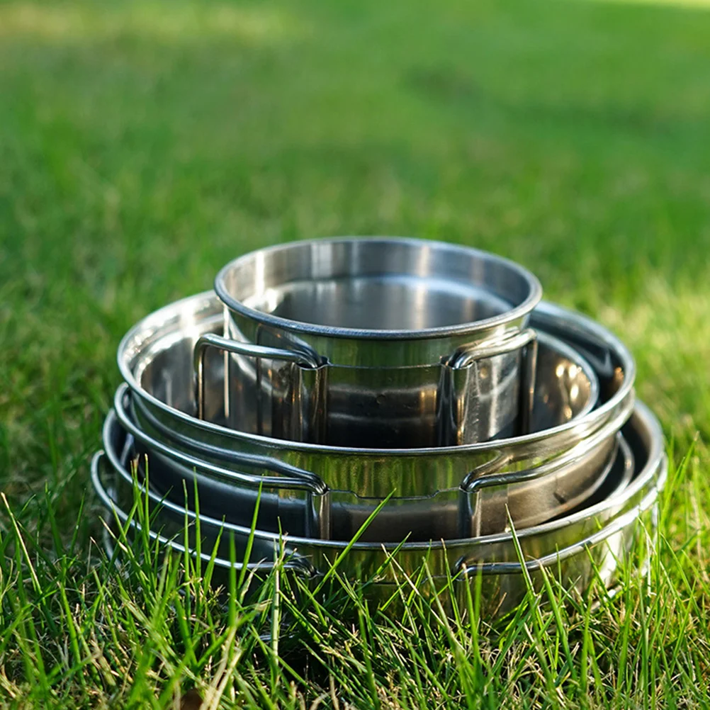 

5pcs Portable Camping Tableware Set Stainless Steel Foldable Outdoor Cookware Kit For Hiking Fishing Picnic Bbq Travel