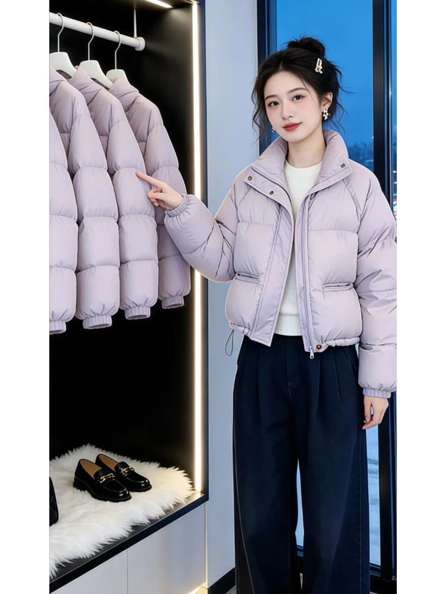 

Женская пуховая хлопковая куртка 2026: Новая зимняя модная модель с воротником-стойкой, свободного кроя, теплая, повседневная, в корейском стиле