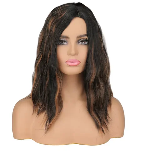 Wig keriting coklat pendek untuk wanita, Wig gelombang tampilan alami gelombang keriting lembut nyaman