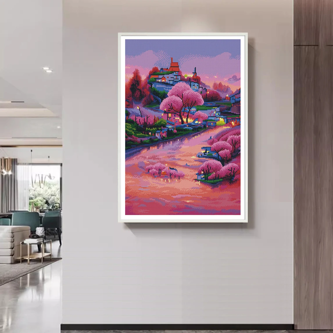 A Beautiful Idyllic Town Cross-Stitch Kit, DIY Printed Embroidery, Vertical Home Decor Painting, Pink Romantic Scenery Wall Art, New Handmade Material Package