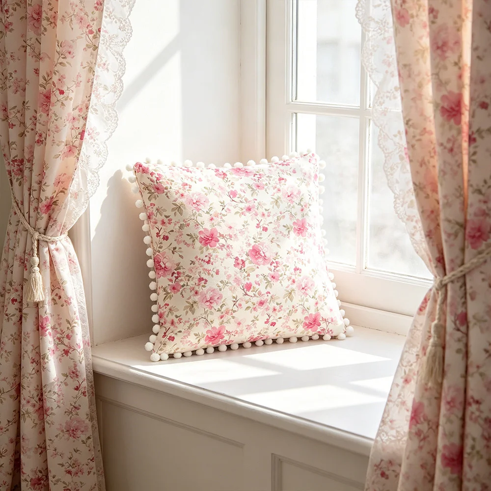 1PC Elegant Rose Red Print Pillow Cover Pom Pom Tassel Floral Romantic Decorative Throw Pillow Sofa Couch Bedroom Home Decor