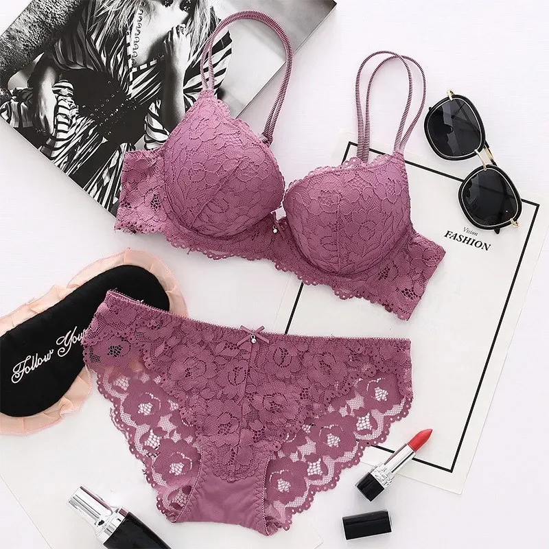 1 Set Elegant Lace Embroidery Breathable Fabric Lingerie Set Push-Up Bra Drop Waist Sheer Panty-Ultimate Valentine's Day 섹시 브라