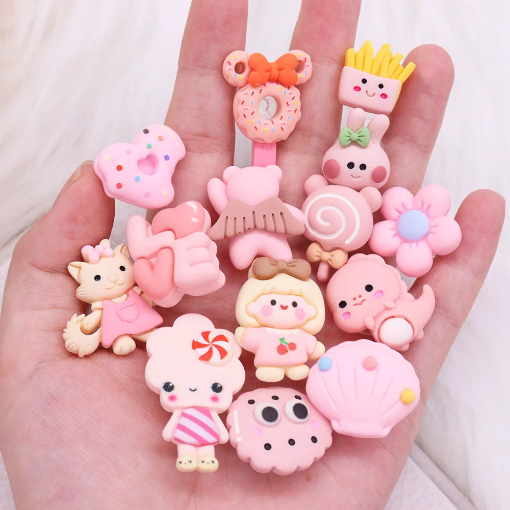 1-14Pcs Fries Cat Rabbit Dinosaur Resin Lovely Shoe Button Charms Pink Style Decorations DIY Adult Backpack