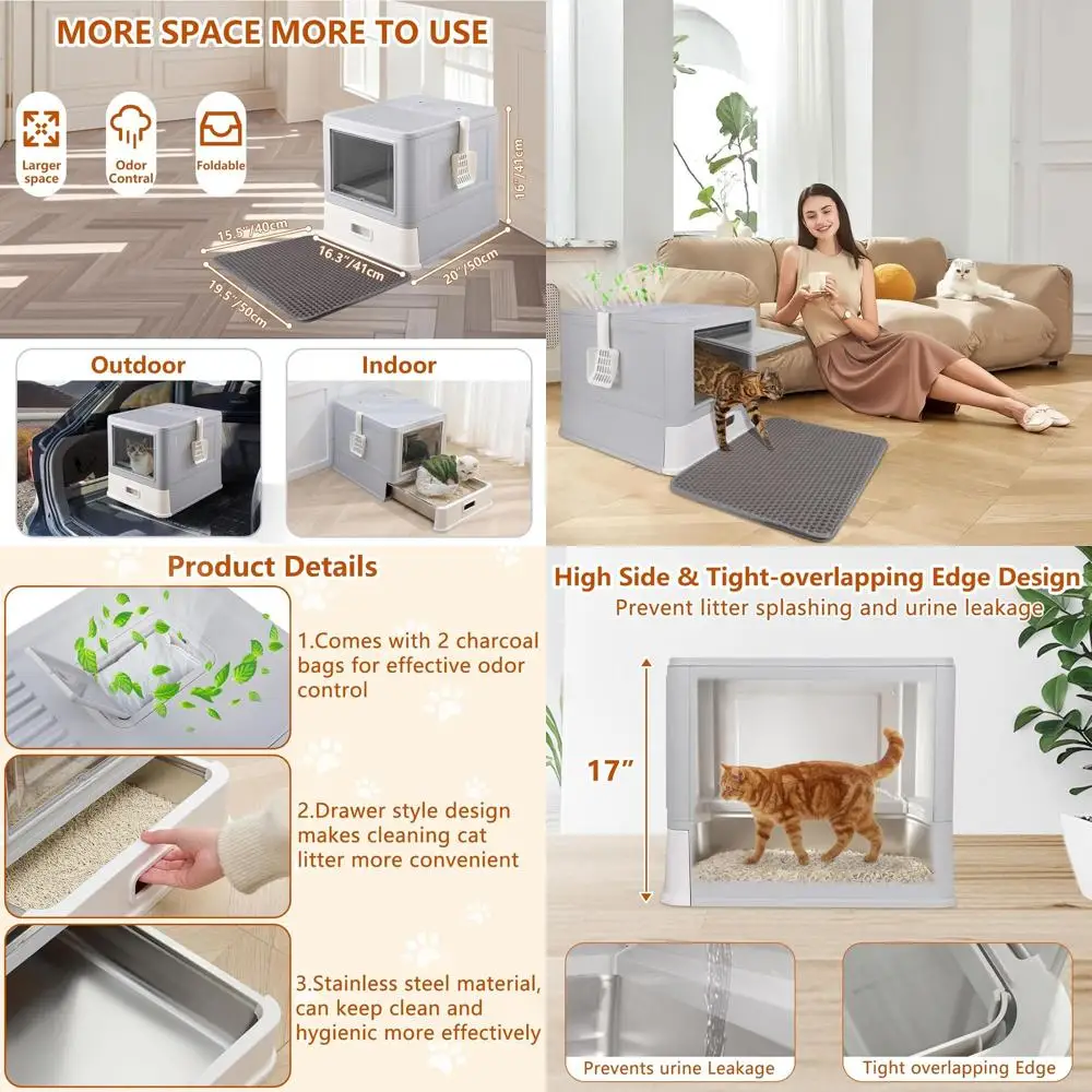 

Большой ящик для кошачьего туалета 4 в 1 из нержавеющей стали XL с высокосторонним корпусом для контроля запаха и легкой очистки