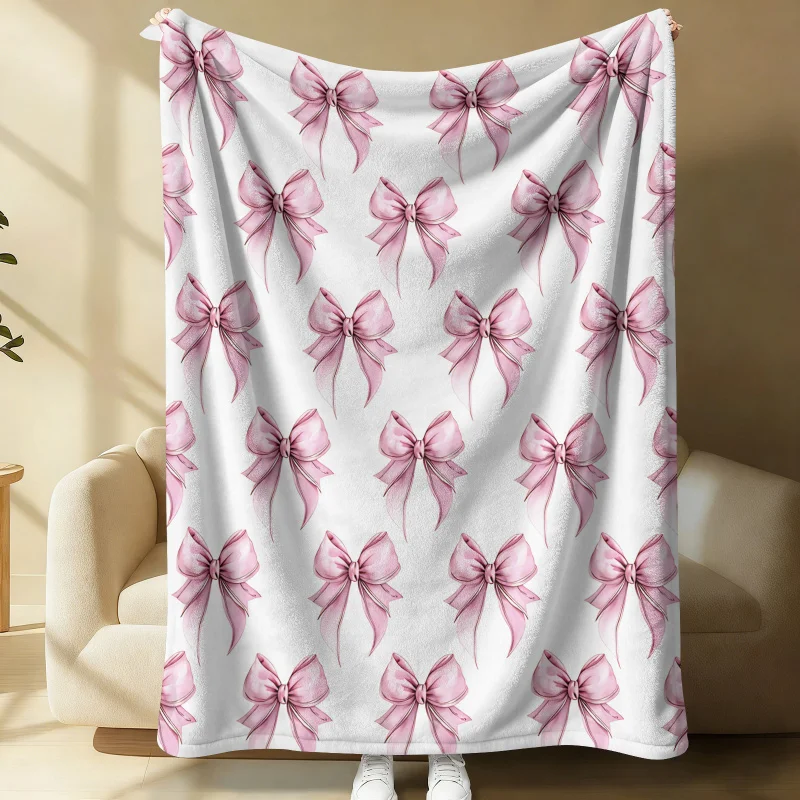 Coquette Aesthetic Pink Bow Flannel Blanket Ultra-Soft Lightweight Warm Fleece Throw for Bed Couch Camping Cozy Gift for Girls