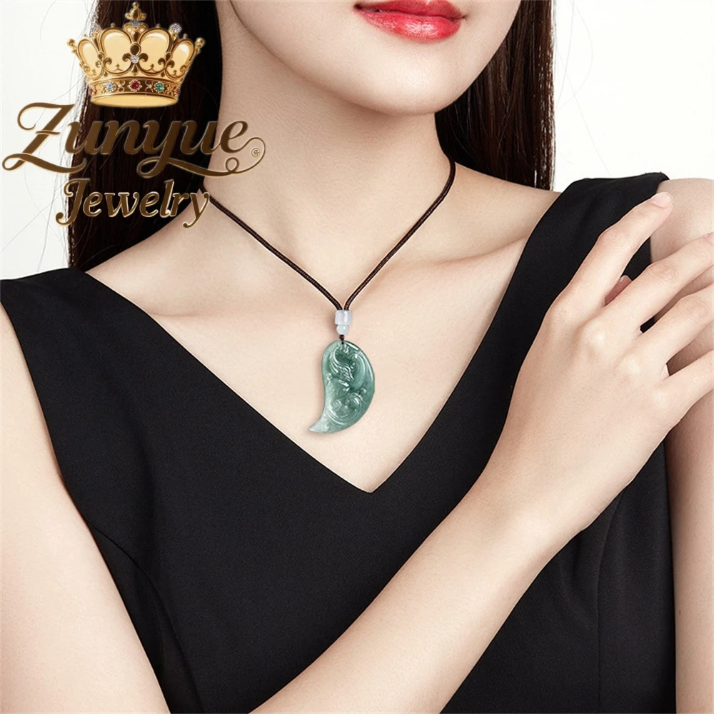 Natural Myanmar A-Grade Jadeite Dragon Phoenix Pendant Couple Matching Necklaces Hand-Carved Blue Water Jade Charm Jewelry Gift