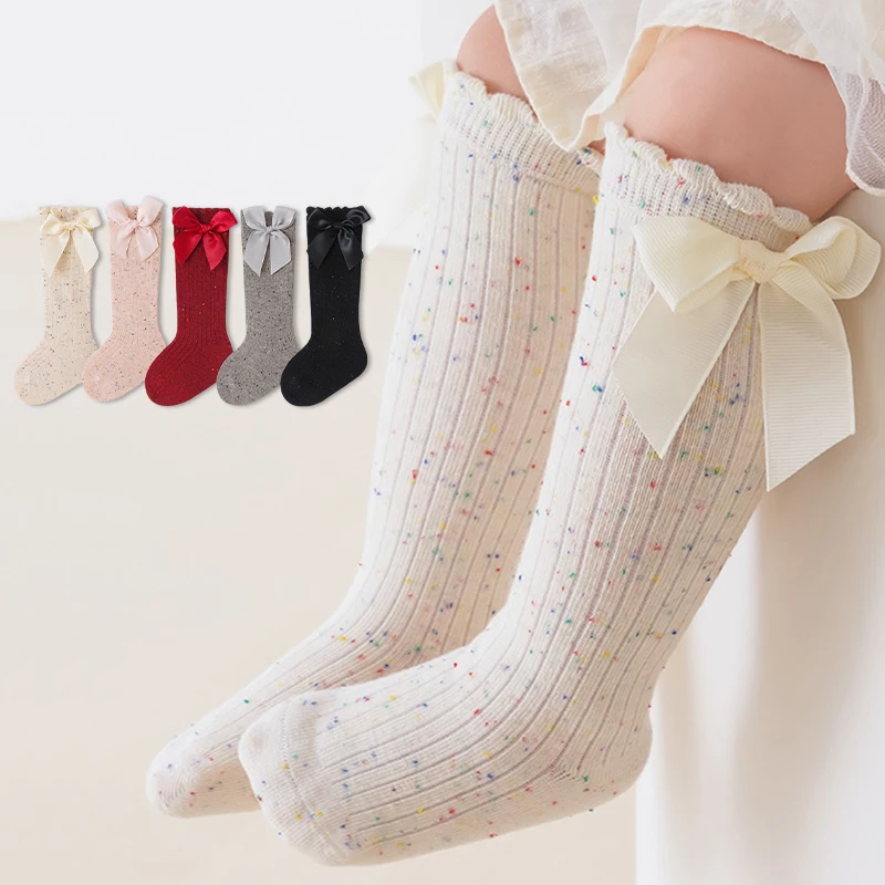 3/5 Pairs Kids Girls Socks Colorful Speckled Knee High Girls Socks Bowknot Ruffle Cuff Long Socks for Baby Girls