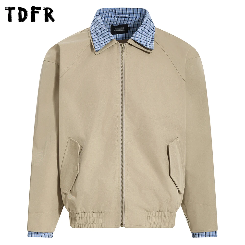 

Fake two-piece Cargo Jacket Mens Plaid Patchwork Autumn Winter Casual Retro Loose Lapel Long Sleeve Outerwear Man