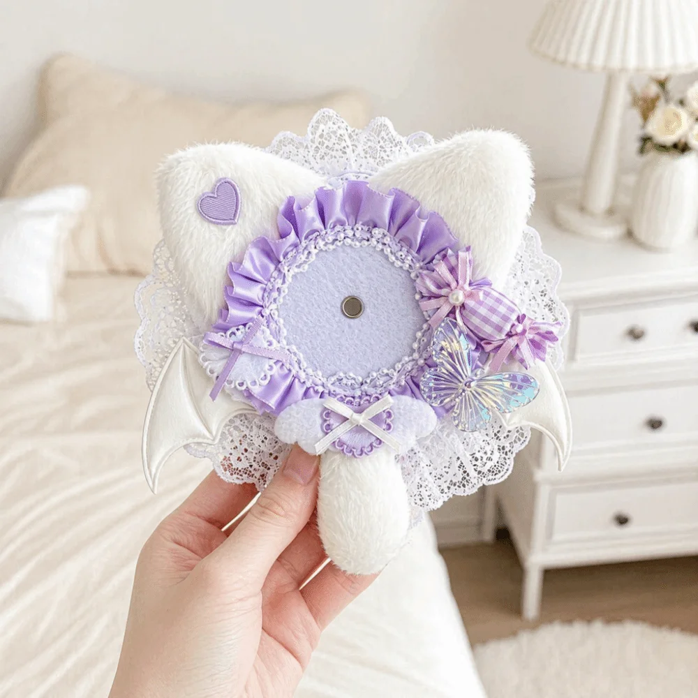 Lightweight Cat-Ear Shape Badge Display Case Lace Edged Heart Accent Badge Holder Bow Design Soft Can Badge Cover Ita Bag