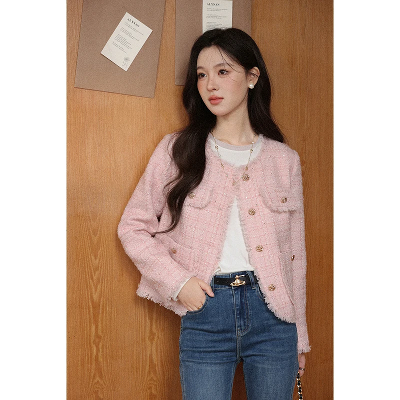 

ALXNAN розовая короткая куртка для женщин, элегантные прямые повседневные пальто с круглым вырезом, тренд 202, осенние офисные женские куртки с длинными рукавами L57606