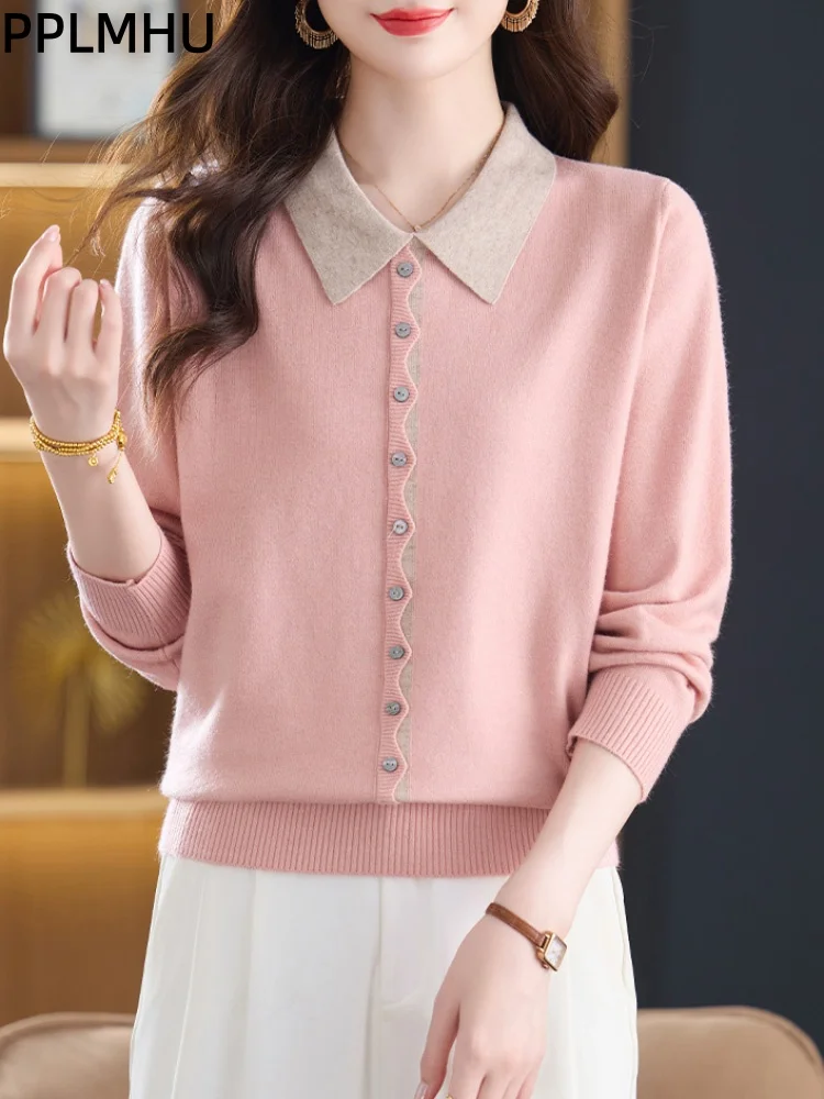 

Turn-Down Collar Baggy Button Sweater Women's Casual Korean Fashion Tops Pullovers Long Sleeved Loose Bottom Sueter Jumpers