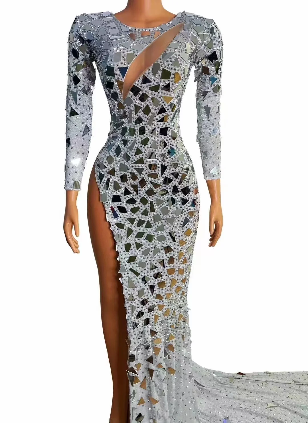 Vestido de malha manga longa personalizado, Lantejoulas elásticas altas, Vestido apertado sexy para festa de aniversário, Vestido de desempenho, Novo