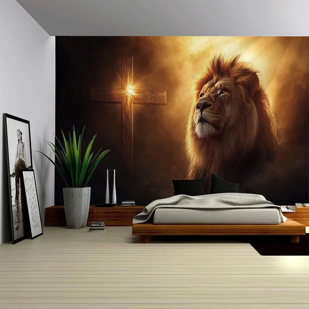 Cross Lion Grassland Lion King Background Decoration Tapestry Home Background Wall Decoration Tapestry