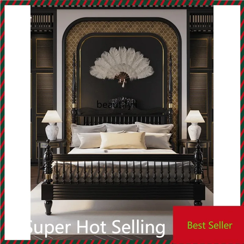

QQ132 French Retro Black Solid Wood Bed Small Apartment Home 1.8 Double Bed American Master Bedroom 2 M 1.5 Princess Bed