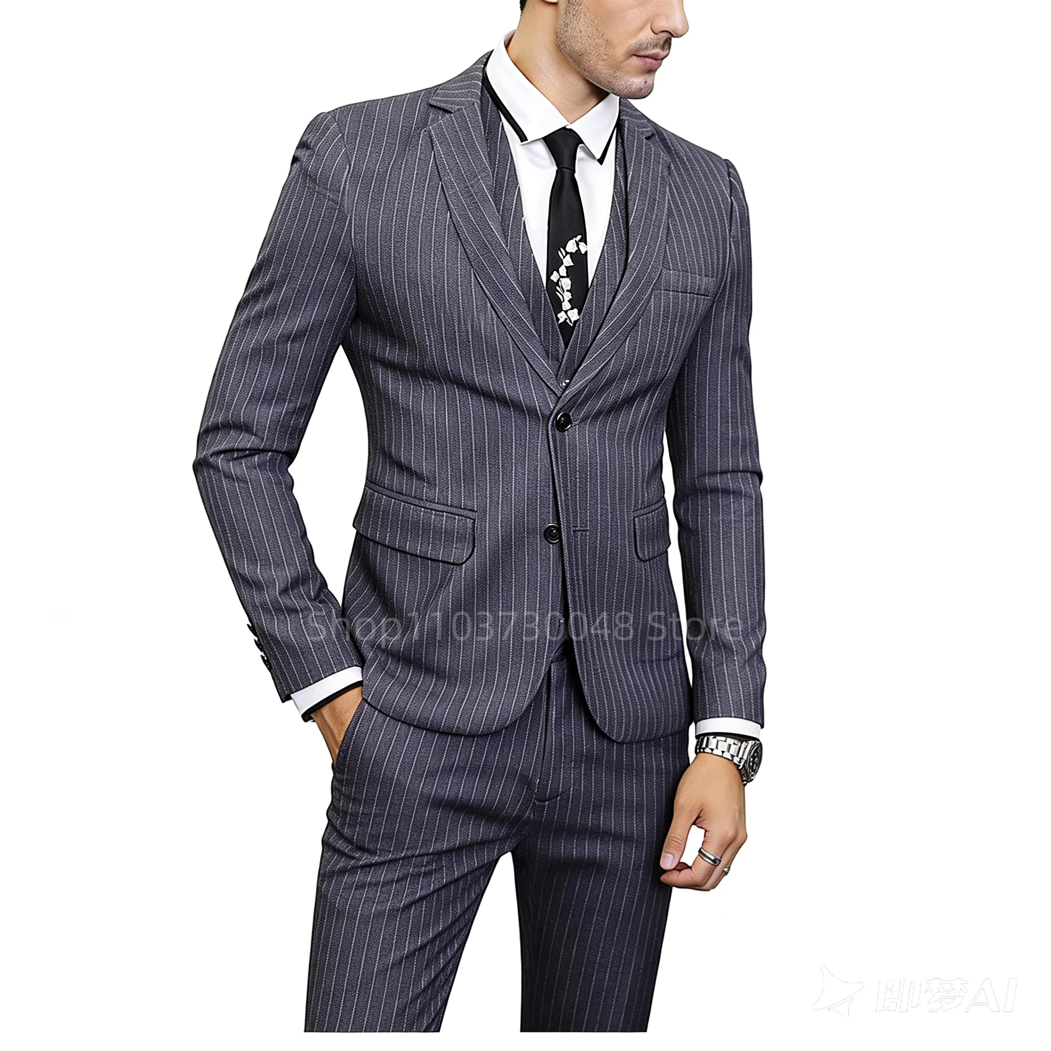

Elegant Men 3 Piece Wedding Suits Gray Striped Groom Tuxedos Slim Fit Blazer Vest Pants Set Costume Homme For Party Business